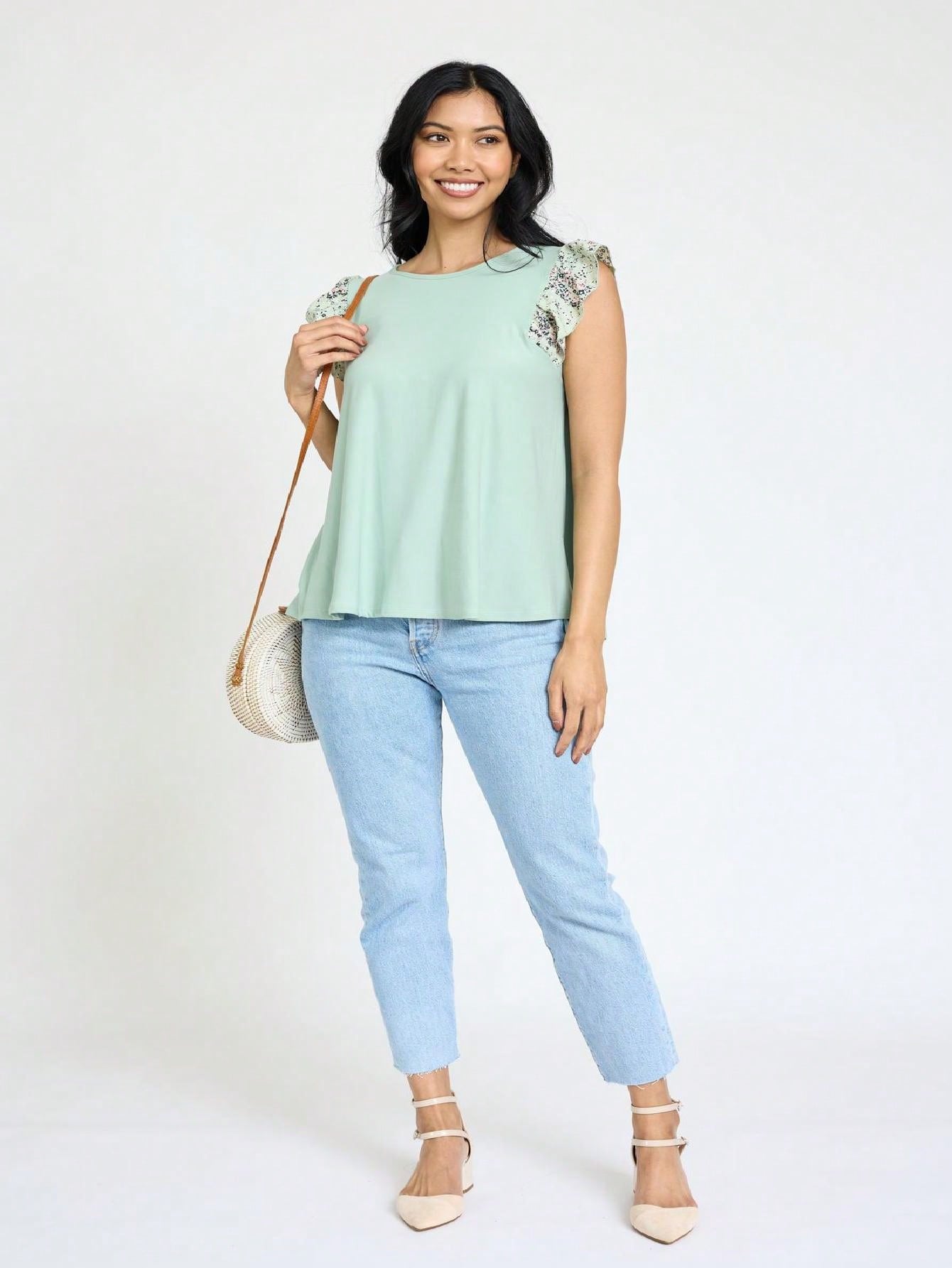 Contrast Ruffle Trim Floral  Flutter Cap Sleeve Top For Leggings Shorts And Jeans  | 7 Colors | S-3X