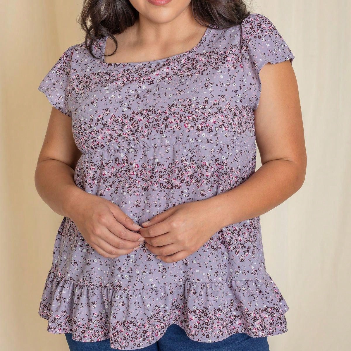 Summer/Spring Ditsy Floral Bishop Lantern Sleeve Crew Neck Cute Baby Doll Top Blouse With Button Accent Breathable, Plus Extended Size