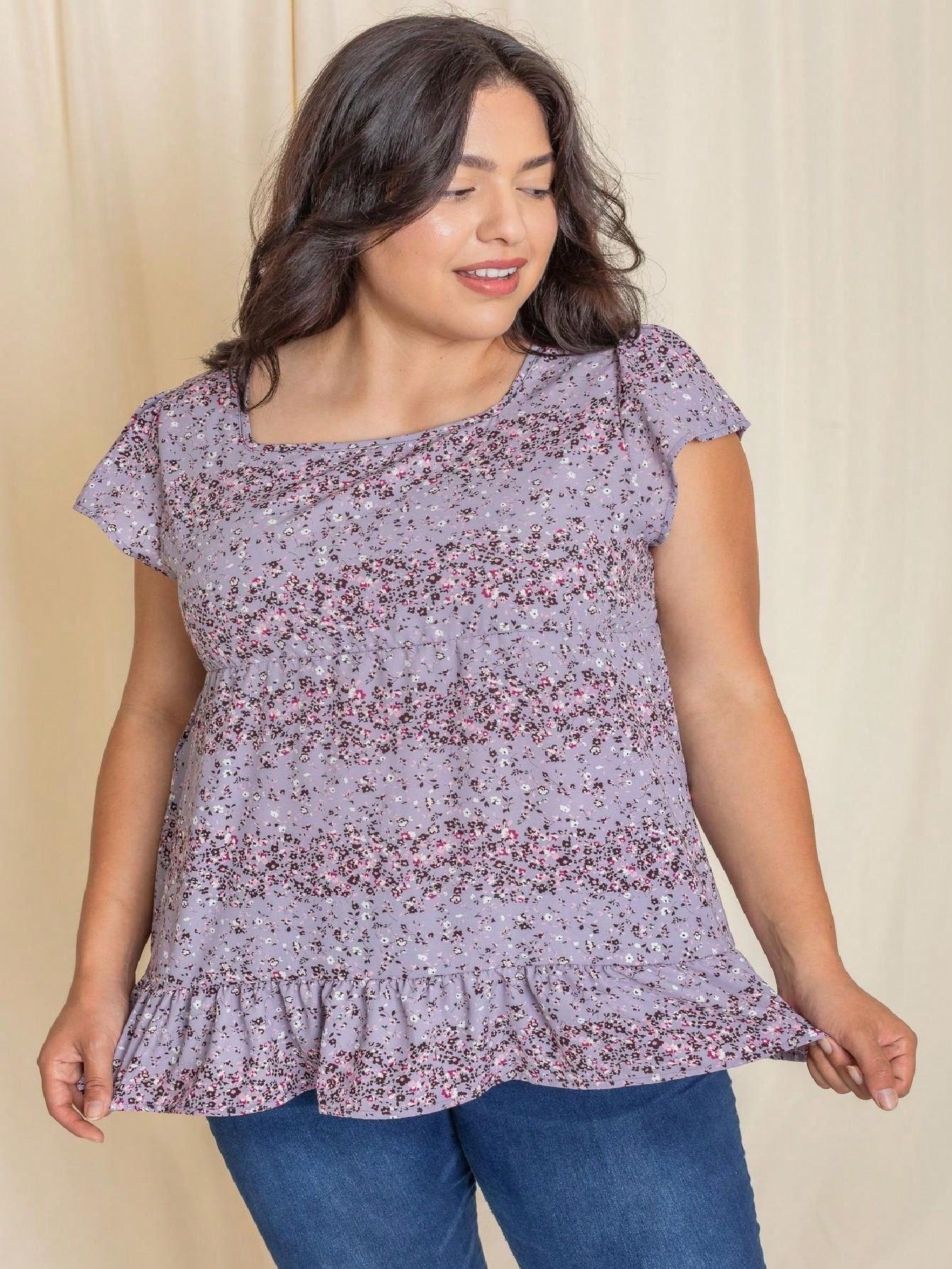 Summer/Spring Ditsy Floral Bishop Lantern Sleeve Crew Neck Cute Baby Doll Top Blouse With Button Accent Breathable, Plus Extended Size
