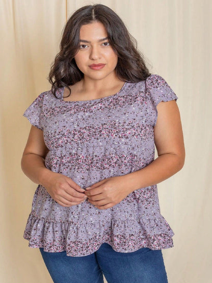 Summer/Spring Ditsy Floral Bishop Lantern Sleeve Crew Neck Cute Baby Doll Top Blouse With Button Accent Breathable, Plus Extended Size