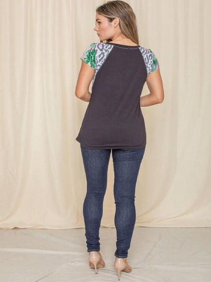 Leopard accent Raglan Cap Sleeve Top Shirt Blouse | S-3X