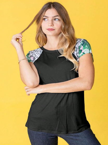 Leopard accent Raglan Cap Sleeve Top Shirt Blouse | S-3X