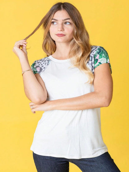 Leopard accent Raglan Cap Sleeve Top Shirt Blouse | S-3X