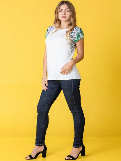 Leopard accent Raglan Cap Sleeve Top Shirt Blouse | S-3X