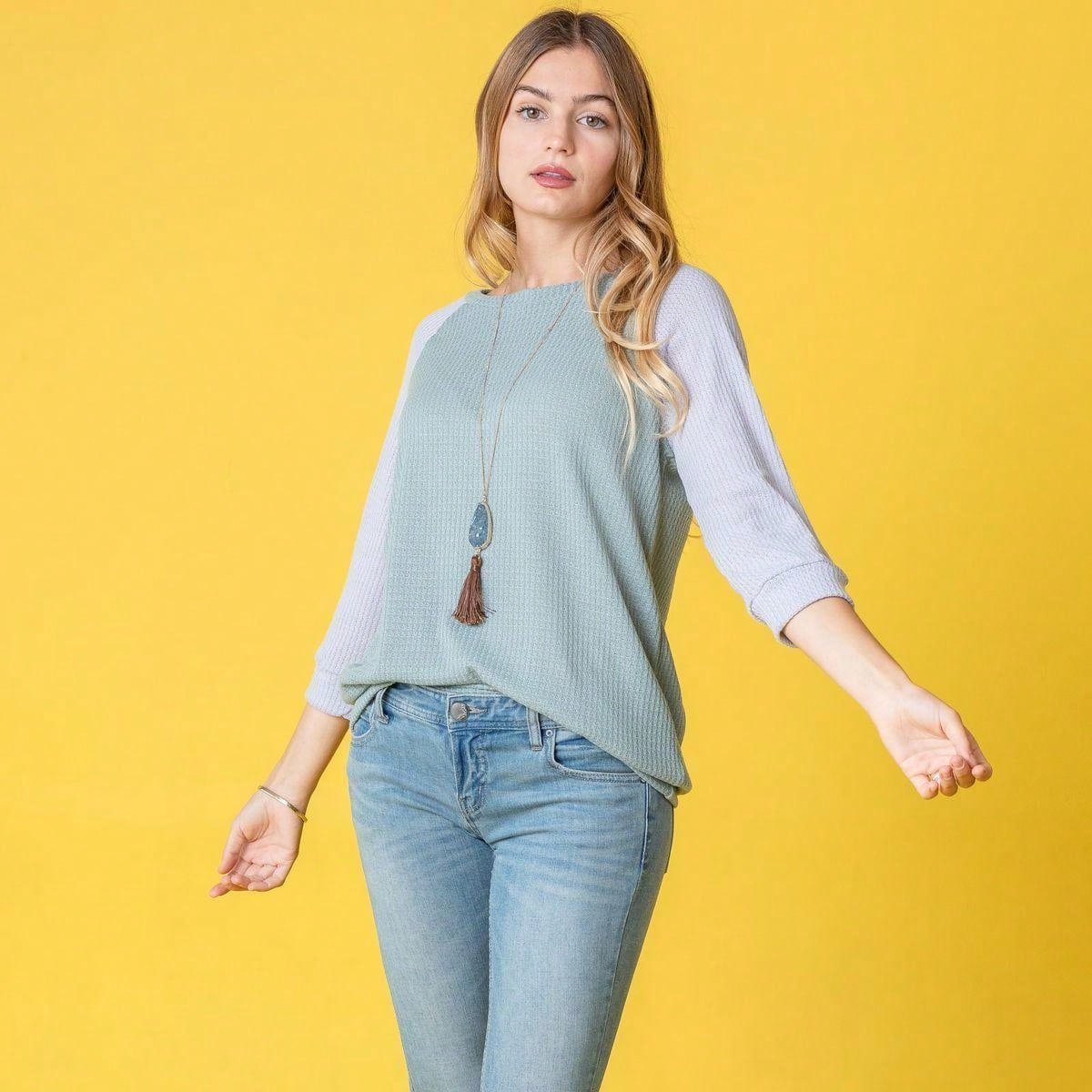 Waffle Knit Mint Sage Lilac  Pastel Two Tone  Raglan 3/4, Quarter Sleeve Tunic Top Band Hem Shirt S To 3X Plus