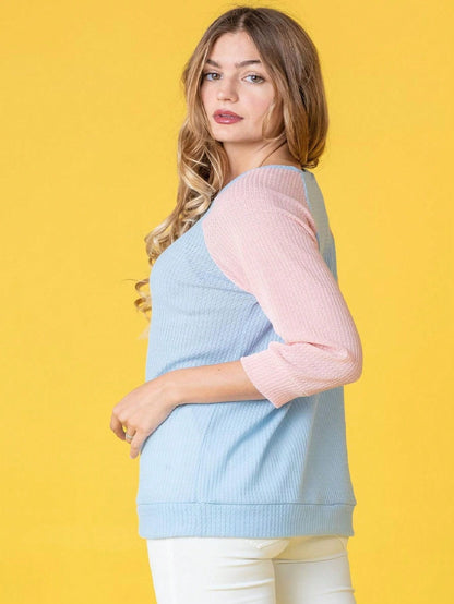 Waffle Knit Mint Sage Lilac  Pastel Two Tone  Raglan 3/4, Quarter Sleeve Tunic Top Band Hem Shirt S To 3X Plus