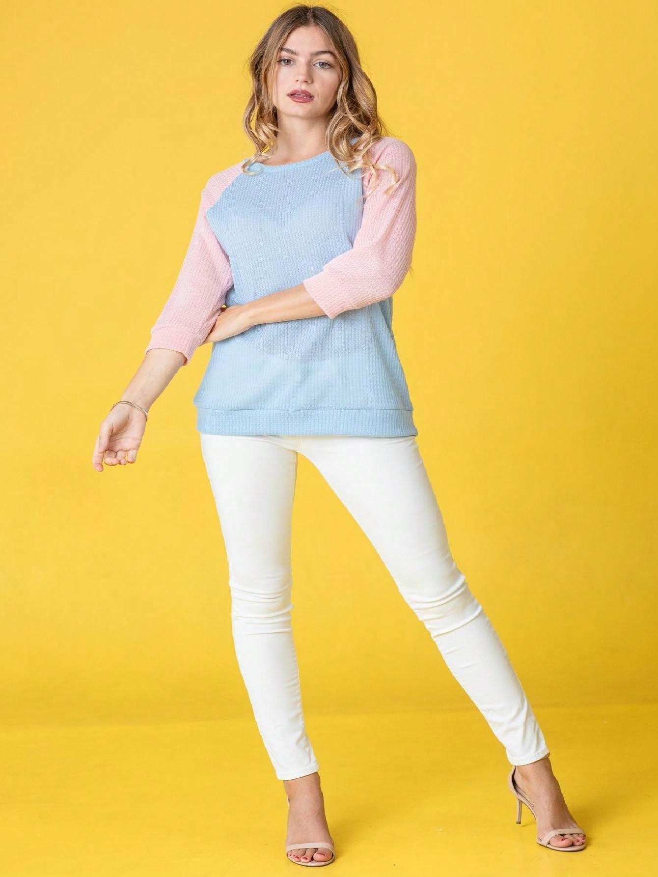 Waffle Knit Mint Sage Lilac  Pastel Two Tone  Raglan 3/4, Quarter Sleeve Tunic Top Band Hem Shirt S To 3X Plus