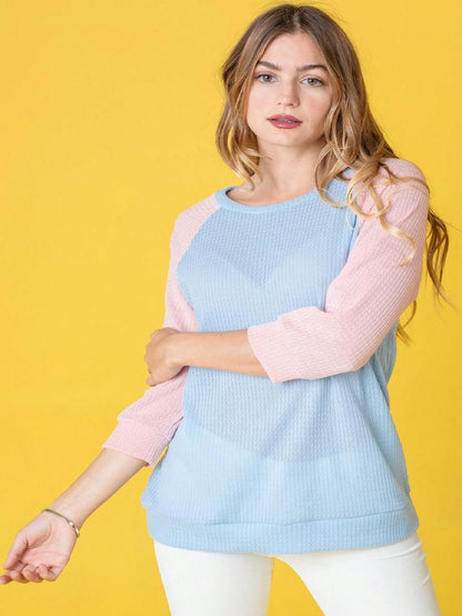 Waffle Knit Mint Sage Lilac  Pastel Two Tone  Raglan 3/4, Quarter Sleeve Tunic Top Band Hem Shirt S To 3X Plus