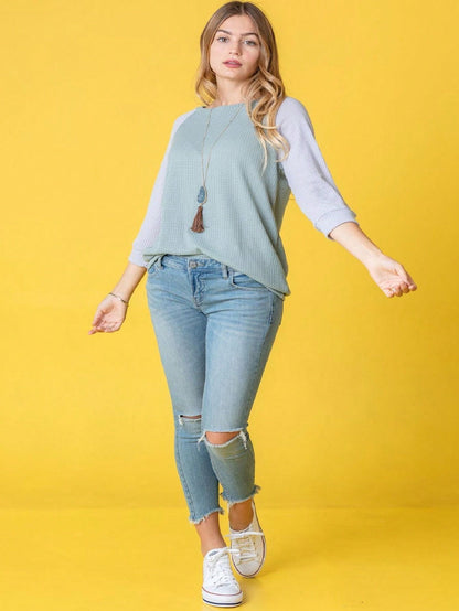 Waffle Knit Mint Sage Lilac  Pastel Two Tone  Raglan 3/4, Quarter Sleeve Tunic Top Band Hem Shirt S To 3X Plus