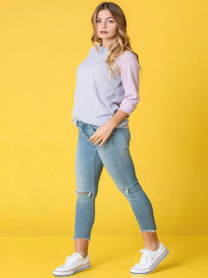 Waffle Knit Mint Sage Lilac  Pastel Two Tone  Raglan 3/4, Quarter Sleeve Tunic Top Band Hem Shirt S To 3X Plus