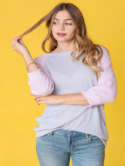 Waffle Knit Mint Sage Lilac  Pastel Two Tone  Raglan 3/4, Quarter Sleeve Tunic Top Band Hem Shirt S To 3X Plus
