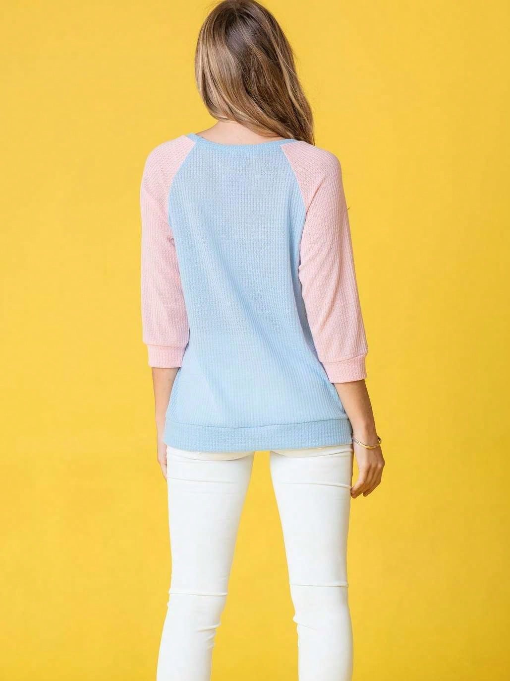 Waffle Knit Mint Sage Lilac  Pastel Two Tone  Raglan 3/4, Quarter Sleeve Tunic Top Band Hem Shirt S To 3X Plus