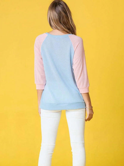 Waffle Knit Mint Sage Lilac  Pastel Two Tone  Raglan 3/4, Quarter Sleeve Tunic Top Band Hem Shirt S To 3X Plus