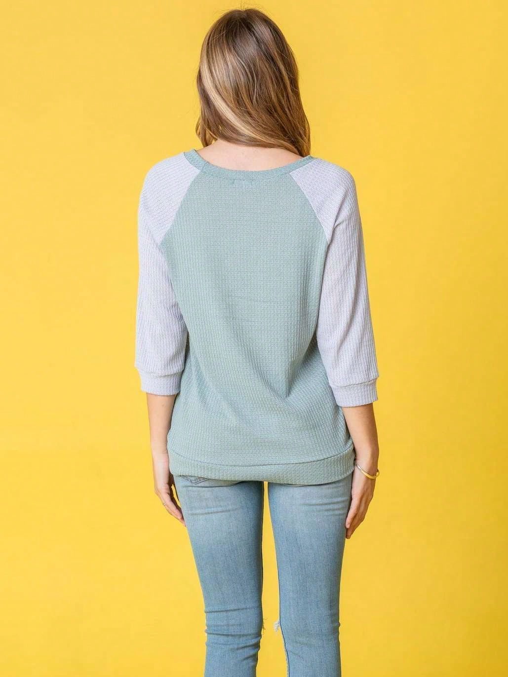 Waffle Knit Mint Sage Lilac  Pastel Two Tone  Raglan 3/4, Quarter Sleeve Tunic Top Band Hem Shirt S To 3X Plus
