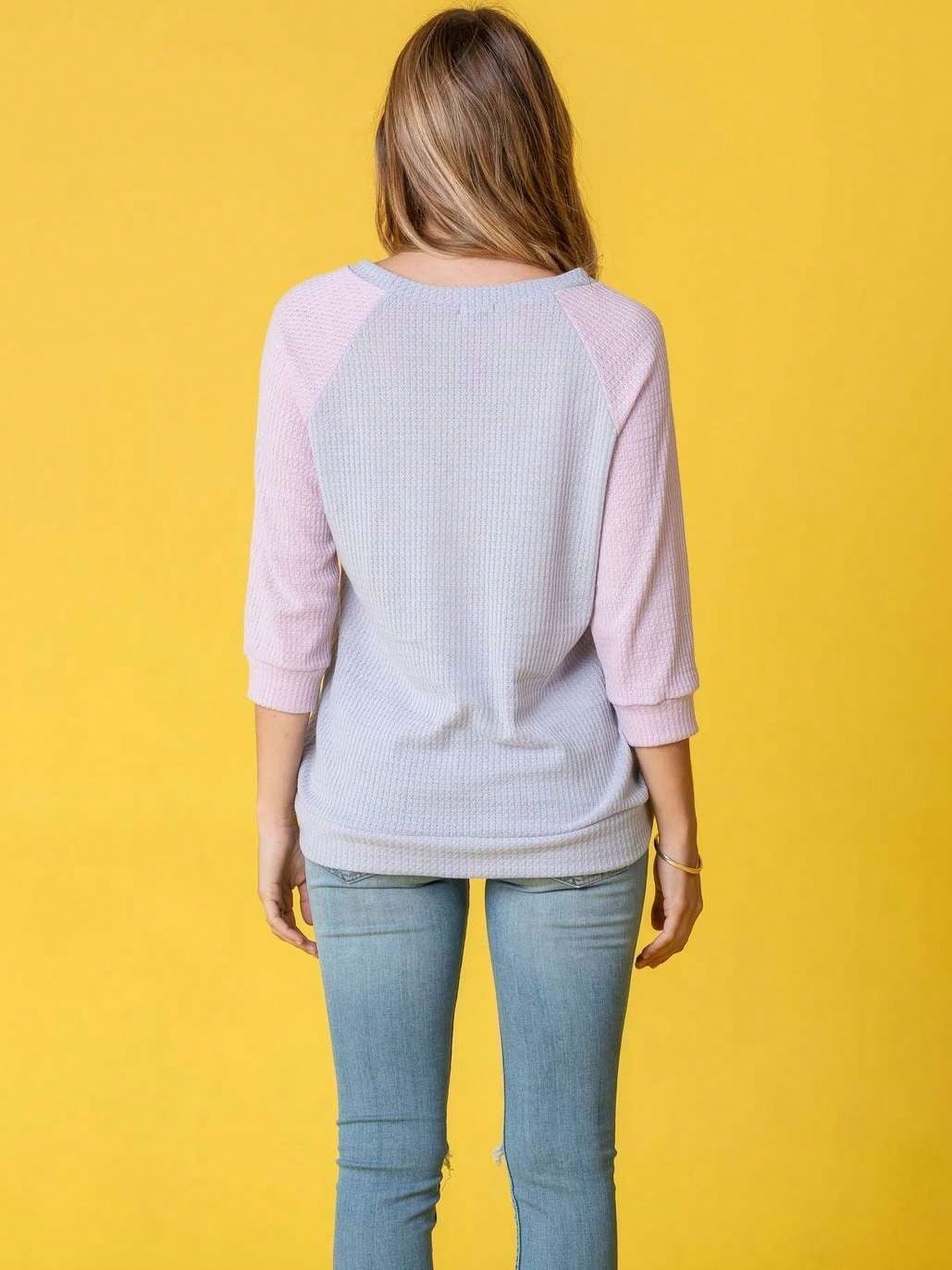 Waffle Knit Mint Sage Lilac  Pastel Two Tone  Raglan 3/4, Quarter Sleeve Tunic Top Band Hem Shirt S To 3X Plus