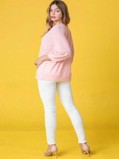 Solid Pastel 3/4 Sleeve Drop Shoulder Waffle Knit Tunic Top Band Hem Shirt