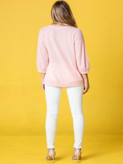 Solid Pastel 3/4 Sleeve Drop Shoulder Waffle Knit Tunic Top Band Hem Shirt