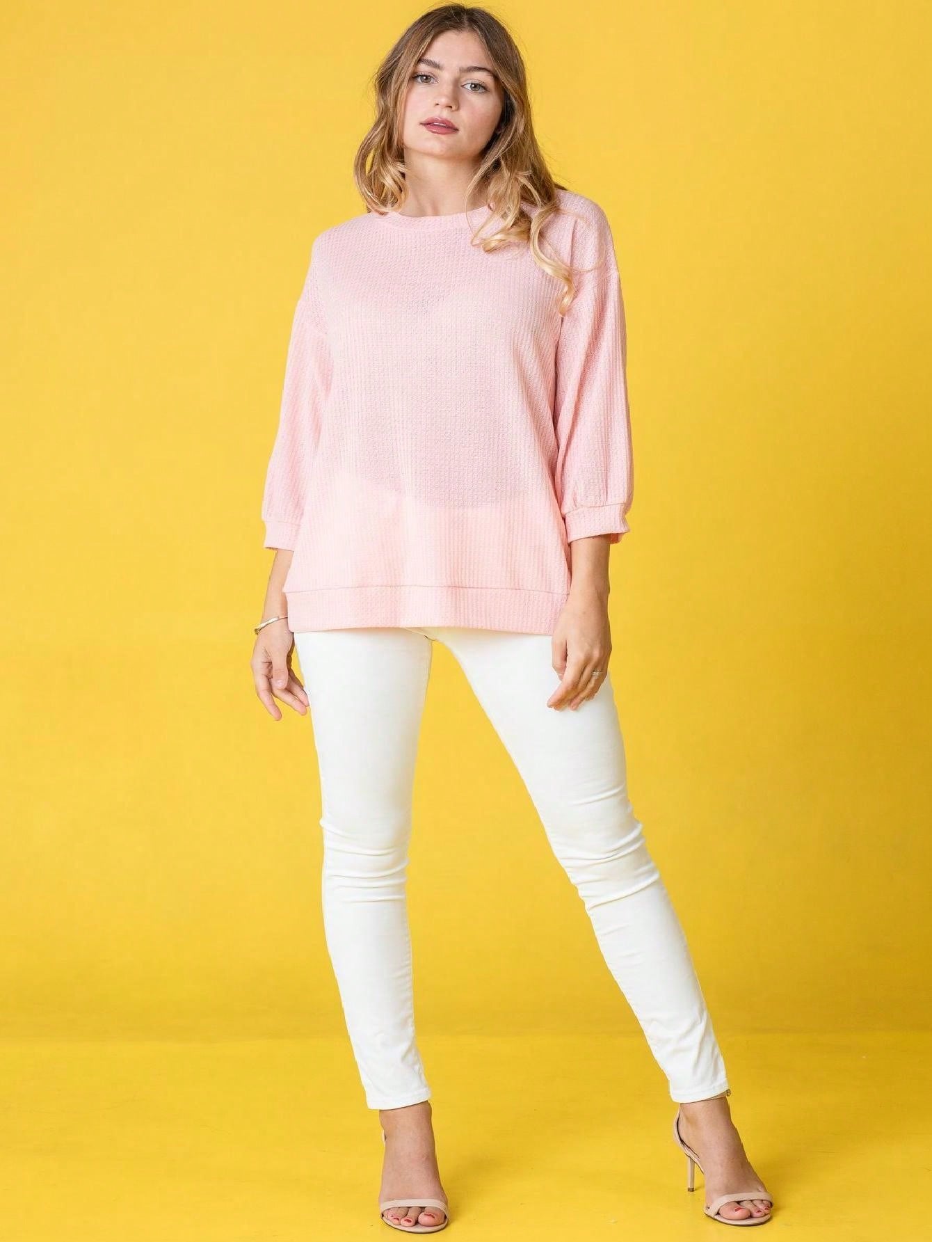 Solid Pastel 3/4 Sleeve Drop Shoulder Waffle Knit Tunic Top Band Hem Shirt