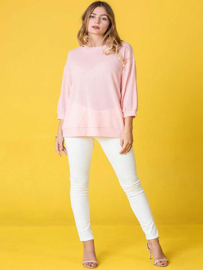 Solid Pastel 3/4 Sleeve Drop Shoulder Waffle Knit Tunic Top Band Hem Shirt