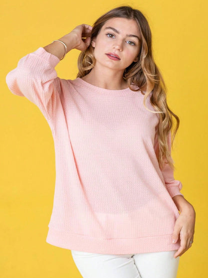 Solid Pastel 3/4 Sleeve Drop Shoulder Waffle Knit Tunic Top Band Hem Shirt
