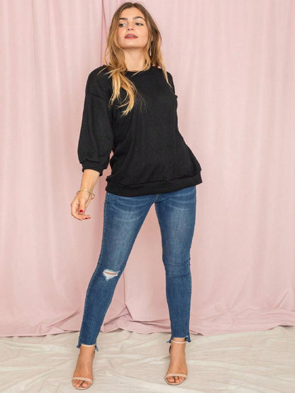 Solid Pastel 3/4 Sleeve Drop Shoulder Waffle Knit Tunic Top Band Hem Shirt
