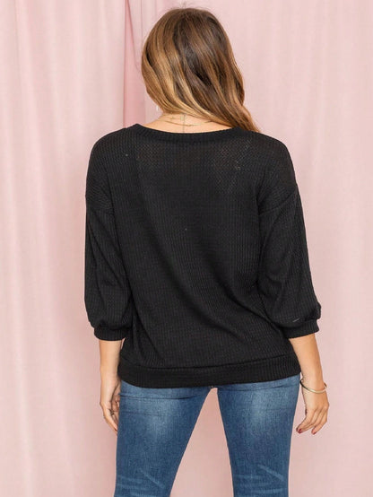 Solid Pastel 3/4 Sleeve Drop Shoulder Waffle Knit Tunic Top Band Hem Shirt