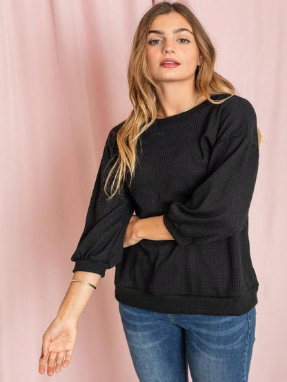 Solid Pastel 3/4 Sleeve Drop Shoulder Waffle Knit Tunic Top Band Hem Shirt