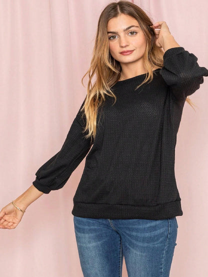 Solid Pastel 3/4 Sleeve Drop Shoulder Waffle Knit Tunic Top Band Hem Shirt
