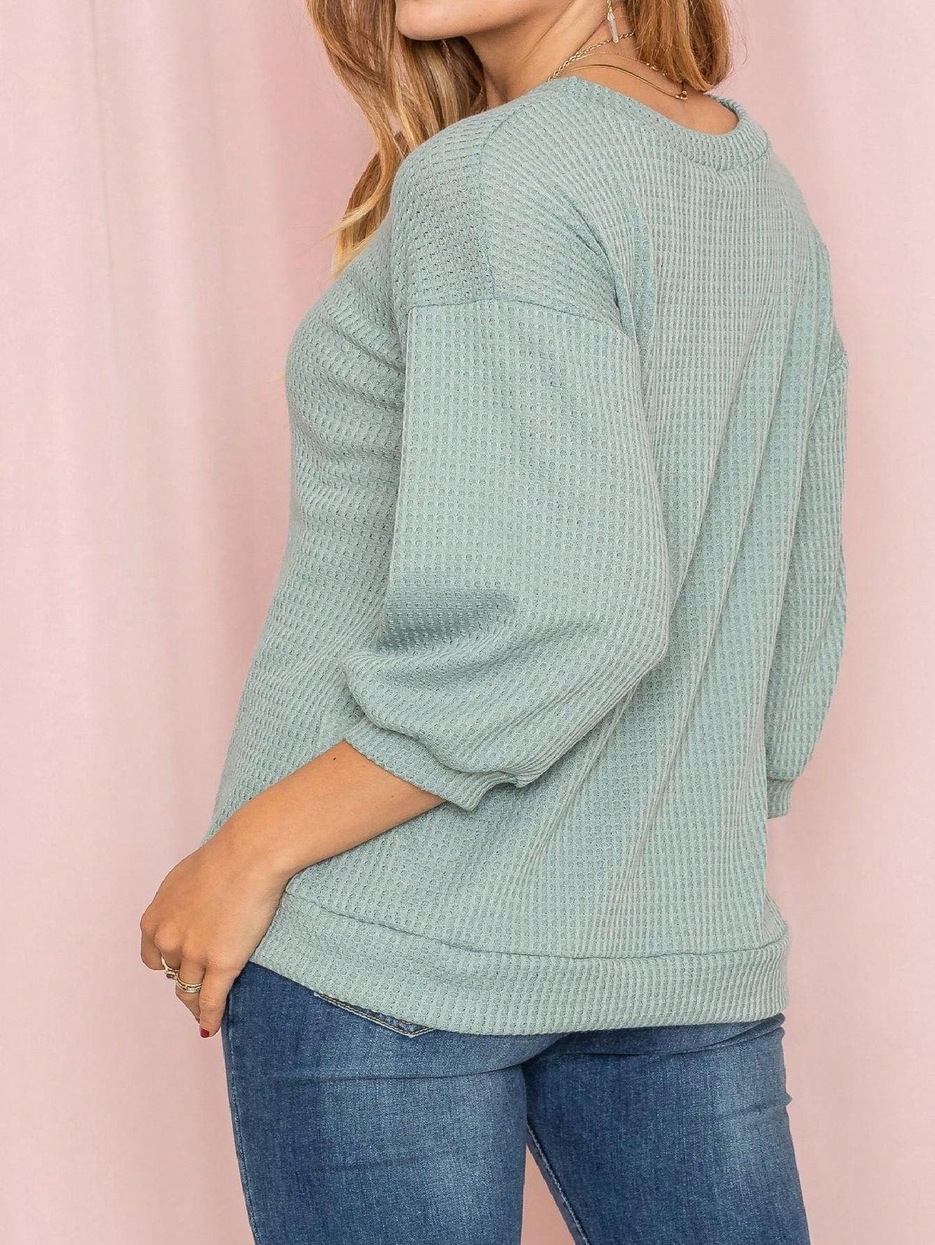 Solid Pastel 3/4 Sleeve Drop Shoulder Waffle Knit Tunic Top Band Hem Shirt
