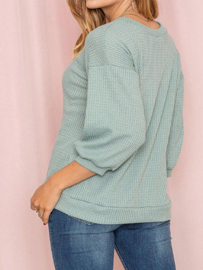 Solid Pastel 3/4 Sleeve Drop Shoulder Waffle Knit Tunic Top Band Hem Shirt