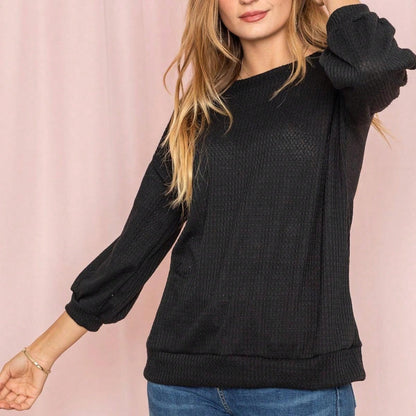 Solid Pastel 3/4 Sleeve Drop Shoulder Waffle Knit Tunic Top Band Hem Shirt