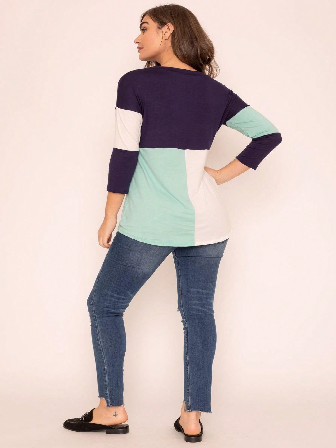 Black White Pink Mint Color Block 3/4 Sleeve Top Shirt Blouse | S-3X