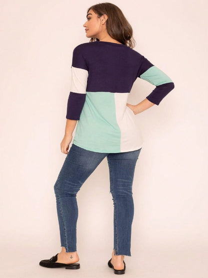Black White Pink Mint Color Block 3/4 Sleeve Top Shirt Blouse | S-3X