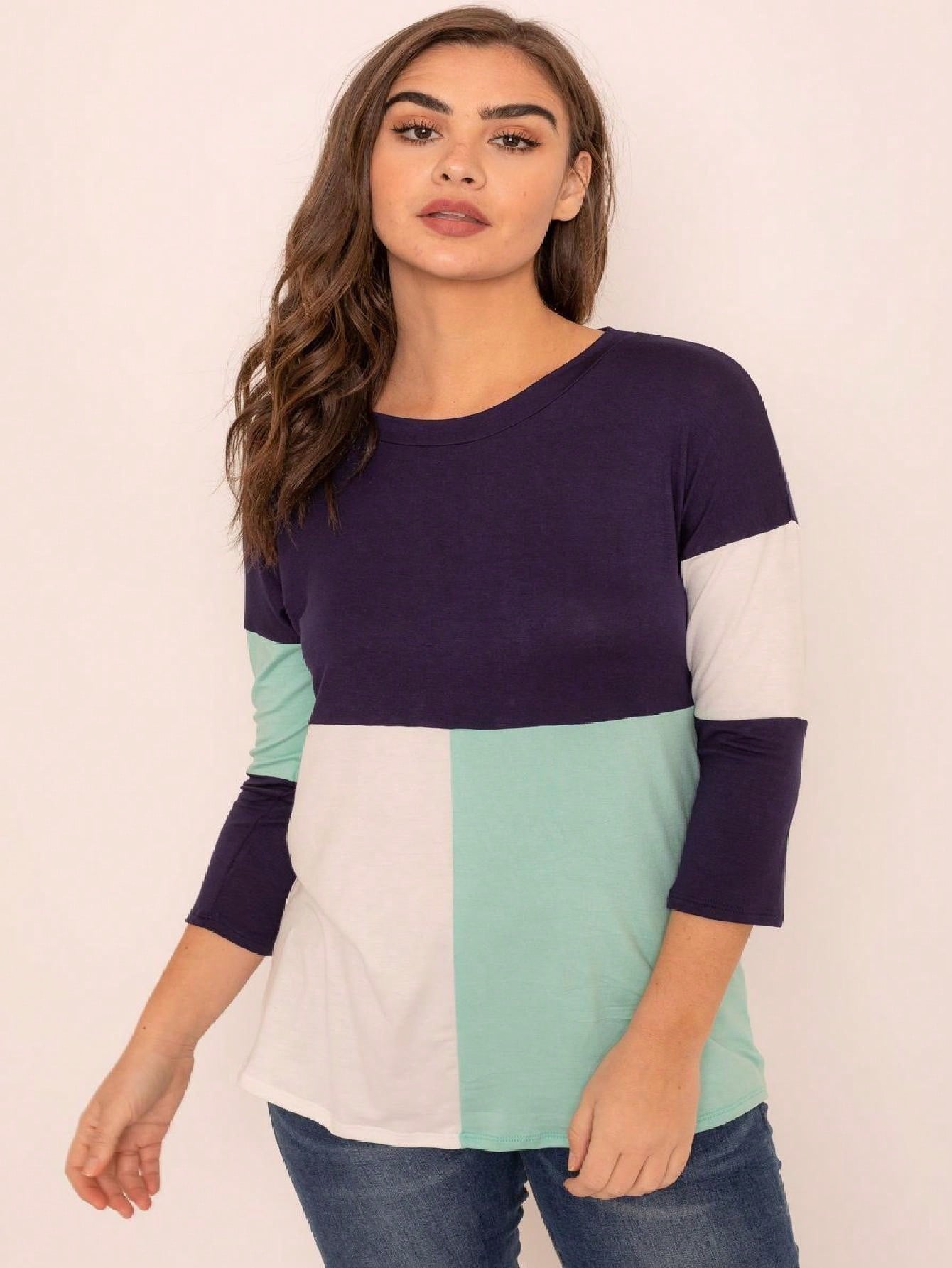 Black White Pink Mint Color Block 3/4 Sleeve Top Shirt Blouse | S-3X