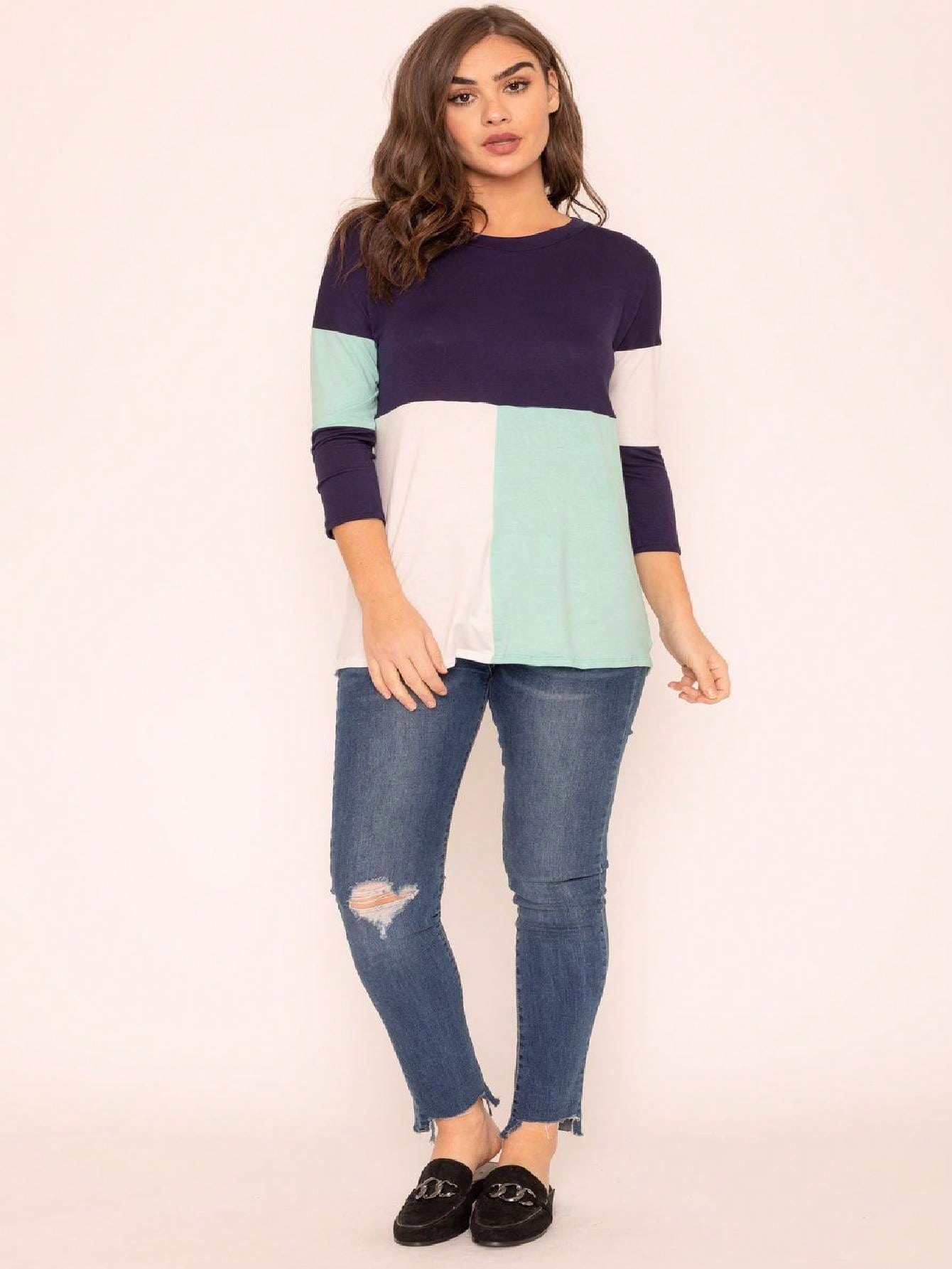 Black White Pink Mint Color Block 3/4 Sleeve Top Shirt Blouse | S-3X