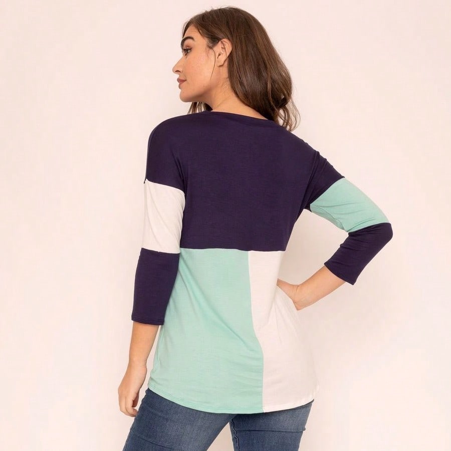 Black White Pink Mint Color Block 3/4 Sleeve Top Shirt Blouse | S-3X