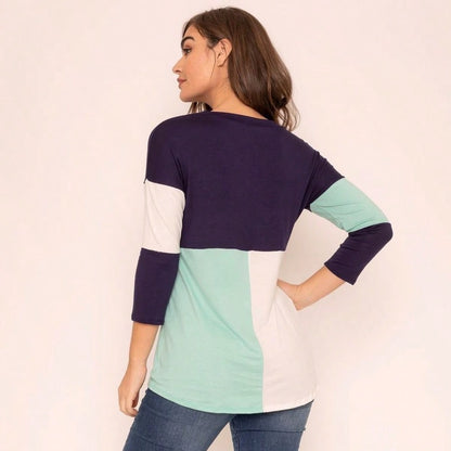 Black White Pink Mint Color Block 3/4 Sleeve Top Shirt Blouse | S-3X
