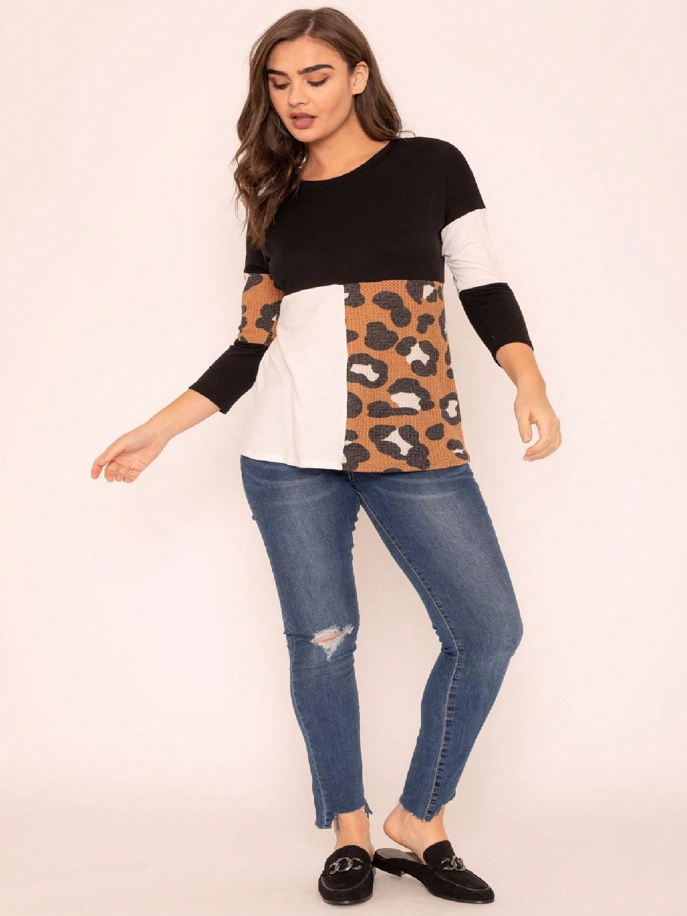 Black White Pink Mint Color Block 3/4 Sleeve Top Shirt Blouse | S-3X