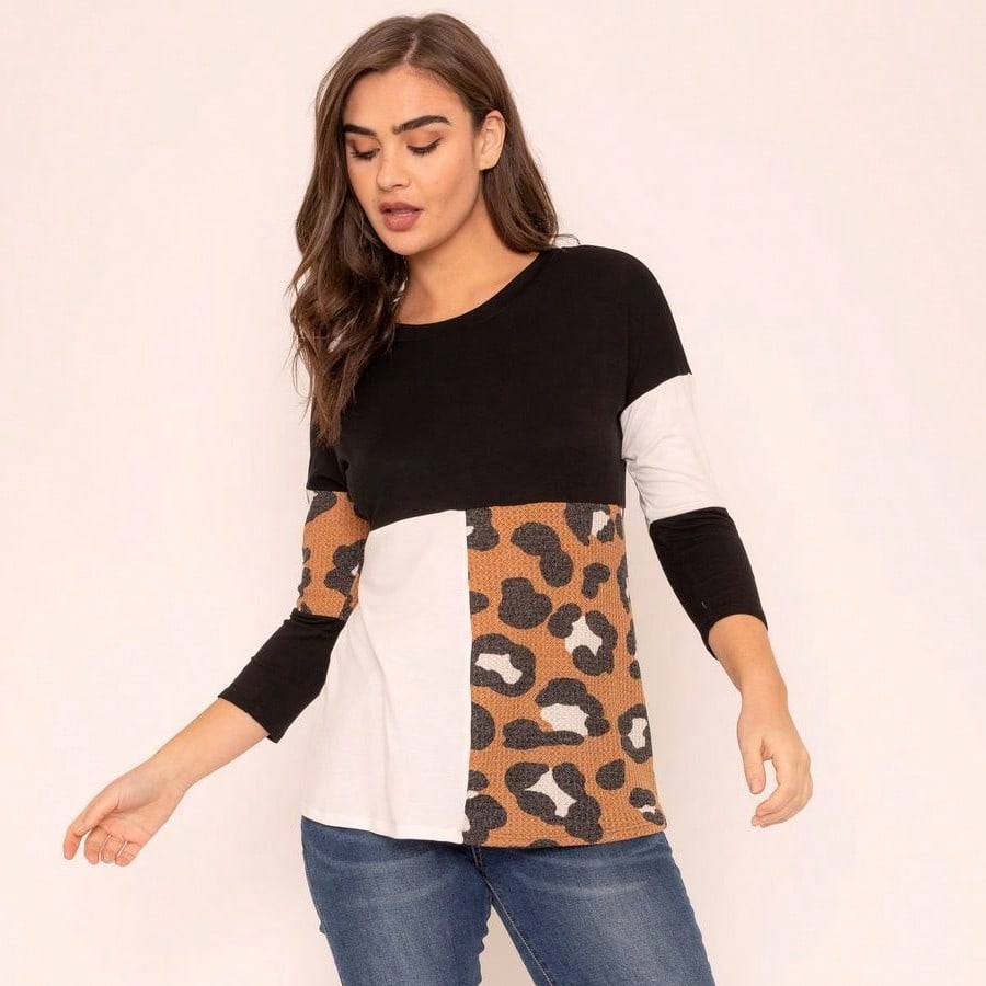 Black White Pink Mint Color Block 3/4 Sleeve Top Shirt Blouse | S-3X
