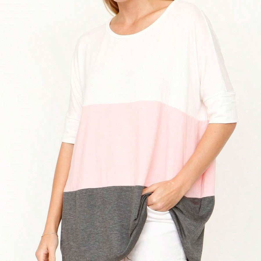 Pink Mint White Color Block Folded Cuff Dolman Tunic For Leggings Shorts And Jeans  |  S-3X