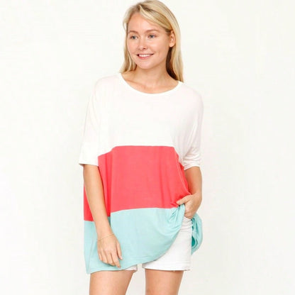 Pink Mint White Color Block Folded Cuff Dolman Tunic For Leggings Shorts And Jeans  |  S-3X