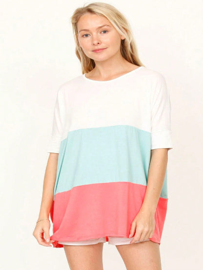 Pink Mint White Color Block Folded Cuff Dolman Tunic For Leggings Shorts And Jeans  |  S-3X