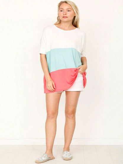 Pink Mint White Color Block Folded Cuff Dolman Tunic For Leggings Shorts And Jeans  |  S-3X