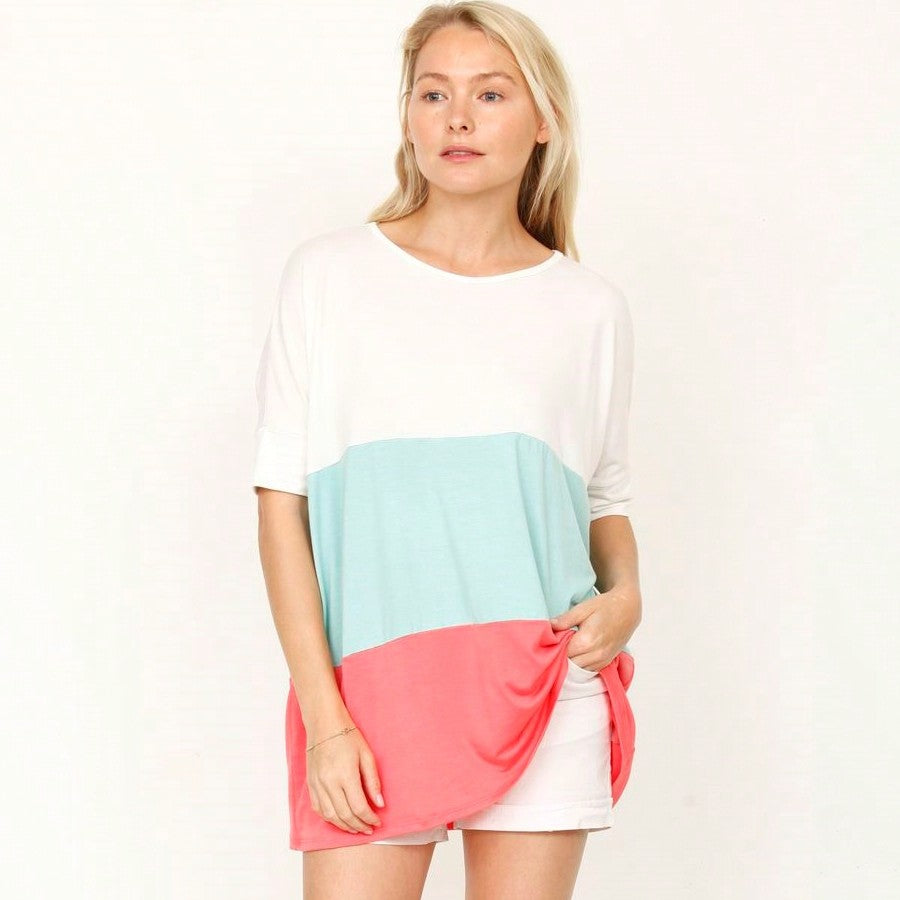 Pink Mint White Color Block Folded Cuff Dolman Tunic For Leggings Shorts And Jeans  |  S-3X