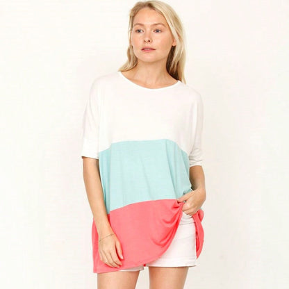 Pink Mint White Color Block Folded Cuff Dolman Tunic For Leggings Shorts And Jeans  |  S-3X