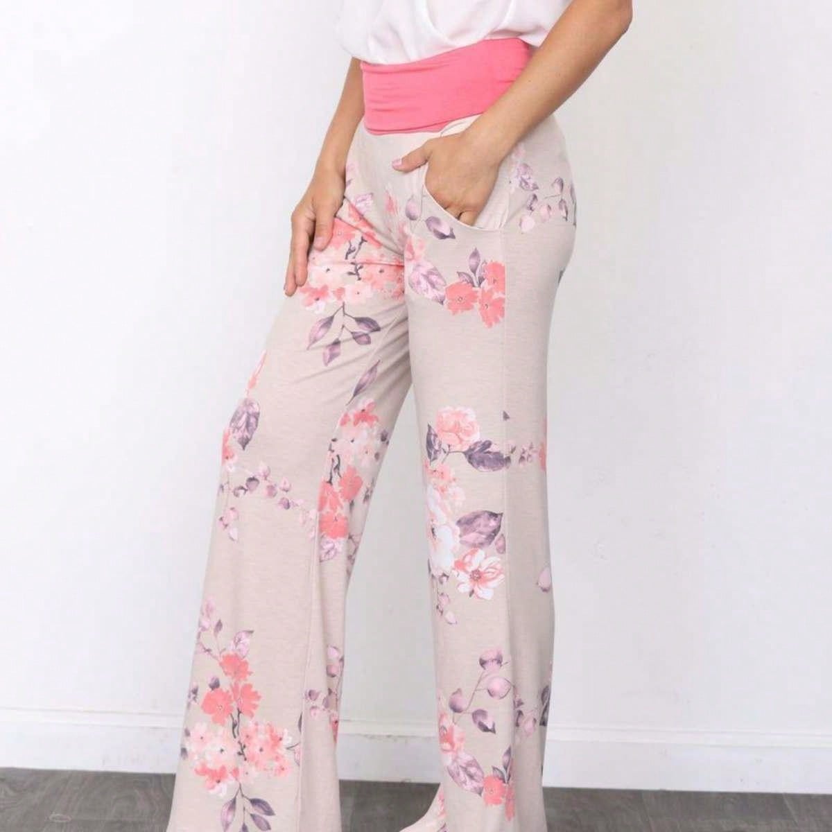 Floral Drawstring Fold Over Band Wide Leg Lounge Pants