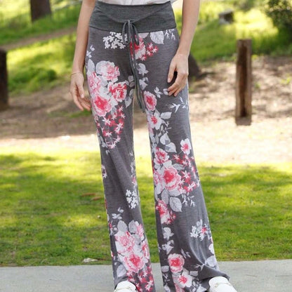 Floral Drawstring Fold Over Band Wide Leg Lounge Pants