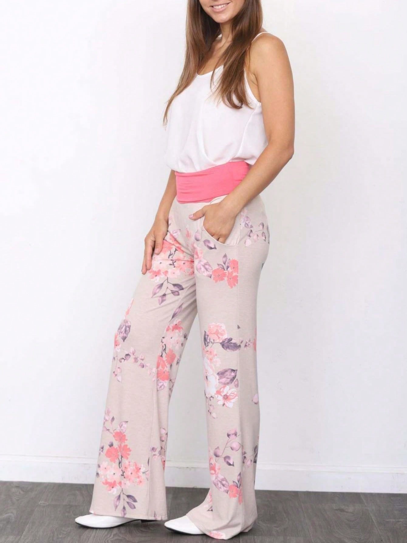 Floral Drawstring Fold Over Band Wide Leg Lounge Pants