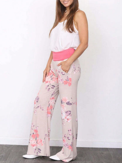 Floral Drawstring Fold Over Band Wide Leg Lounge Pants