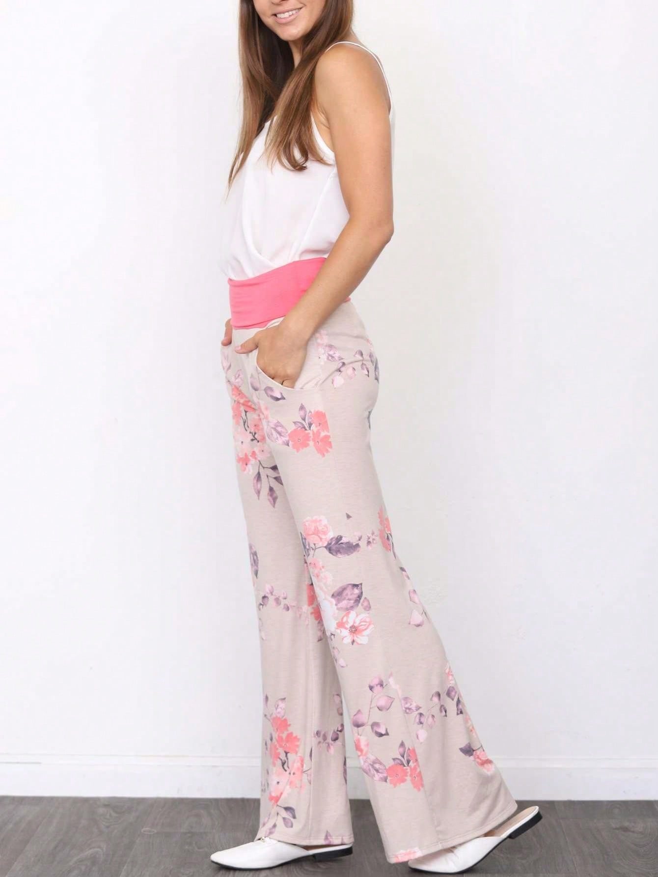 Floral Drawstring Fold Over Band Wide Leg Lounge Pants